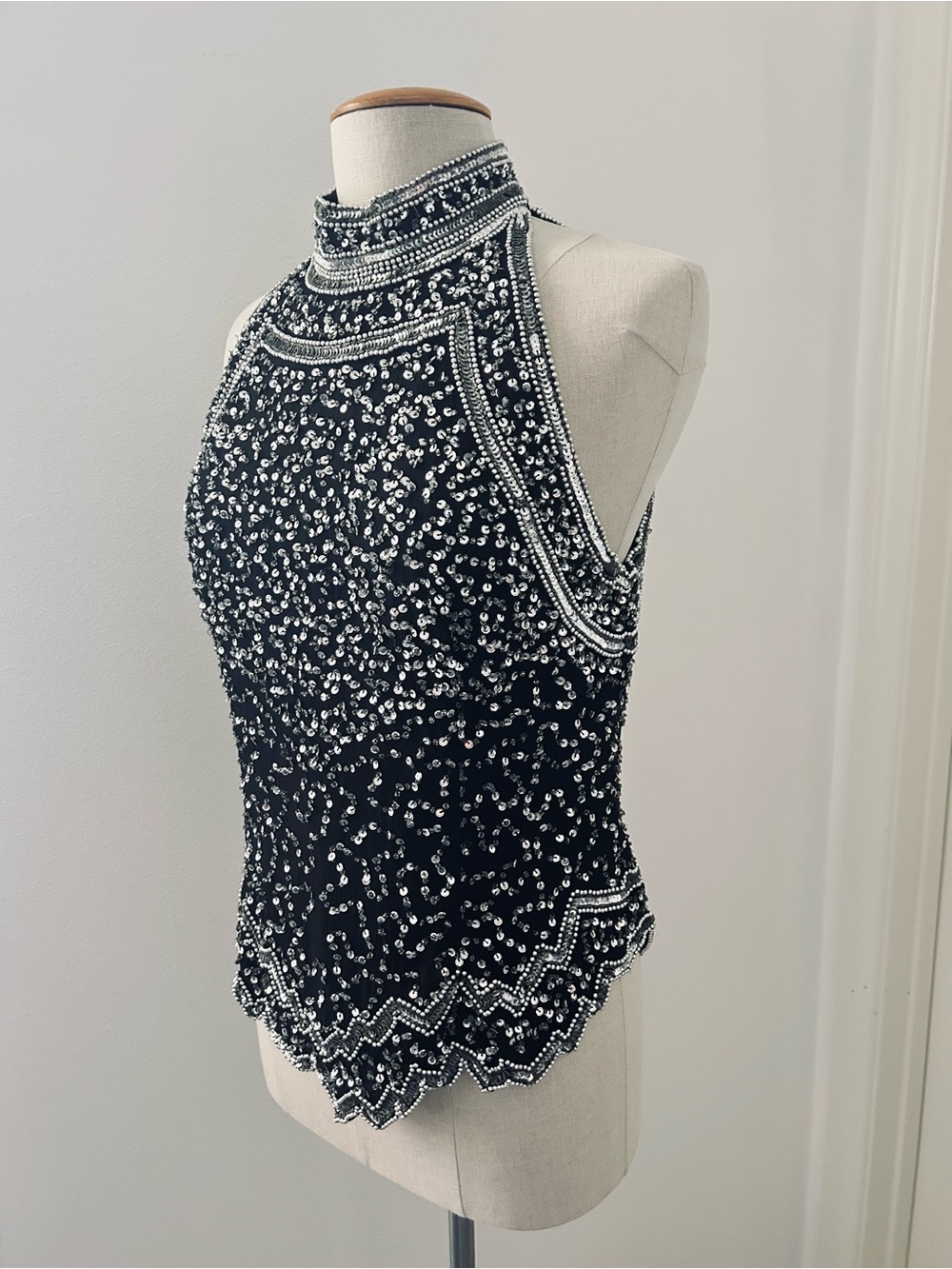 Vintage Chic Y2K 100% Silk Sequin Beaded Black Silver Lined Halter Top
